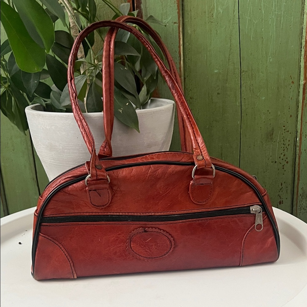 Vintage Leather Bowler Style Hand Bag Satchel Cognac